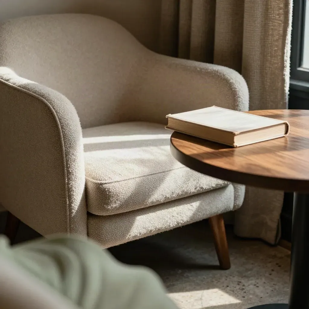Close café alcove with armchair, side table, book and curtain in warm sun and haze.