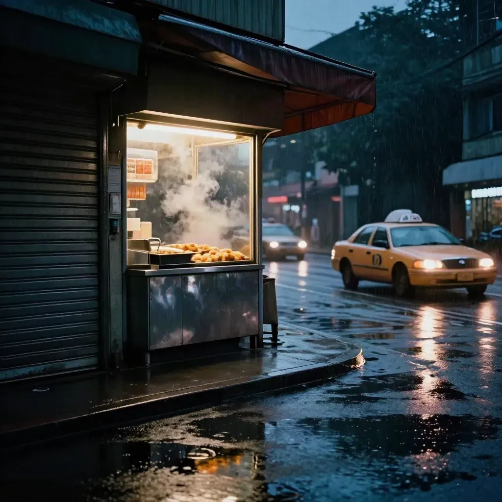 Rainy takeaway frontage with steaming hatch, taxi headlights, and a sedan at the curb.
