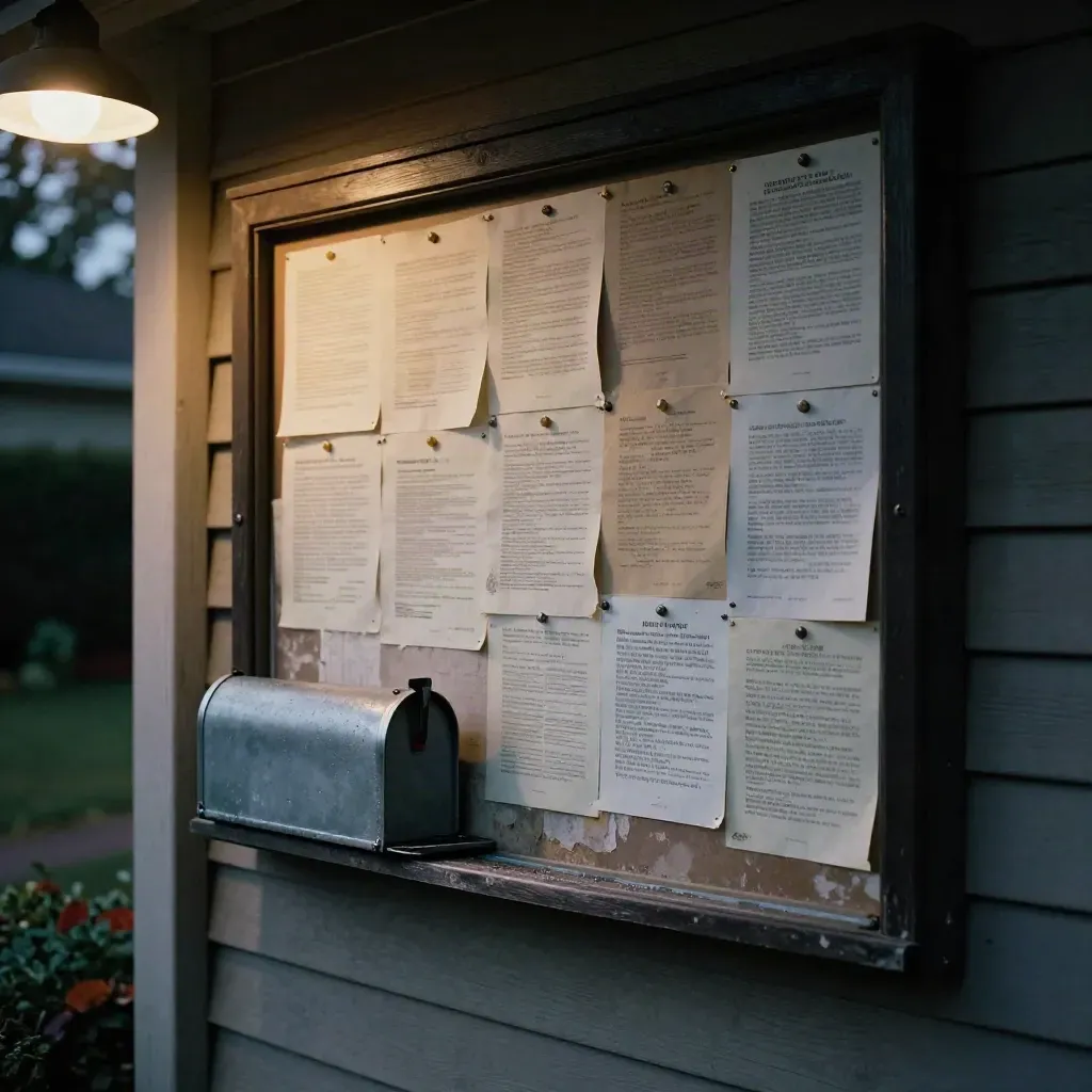 Porch noticeboard with layered papers and half-open mailbox in warm evening light.