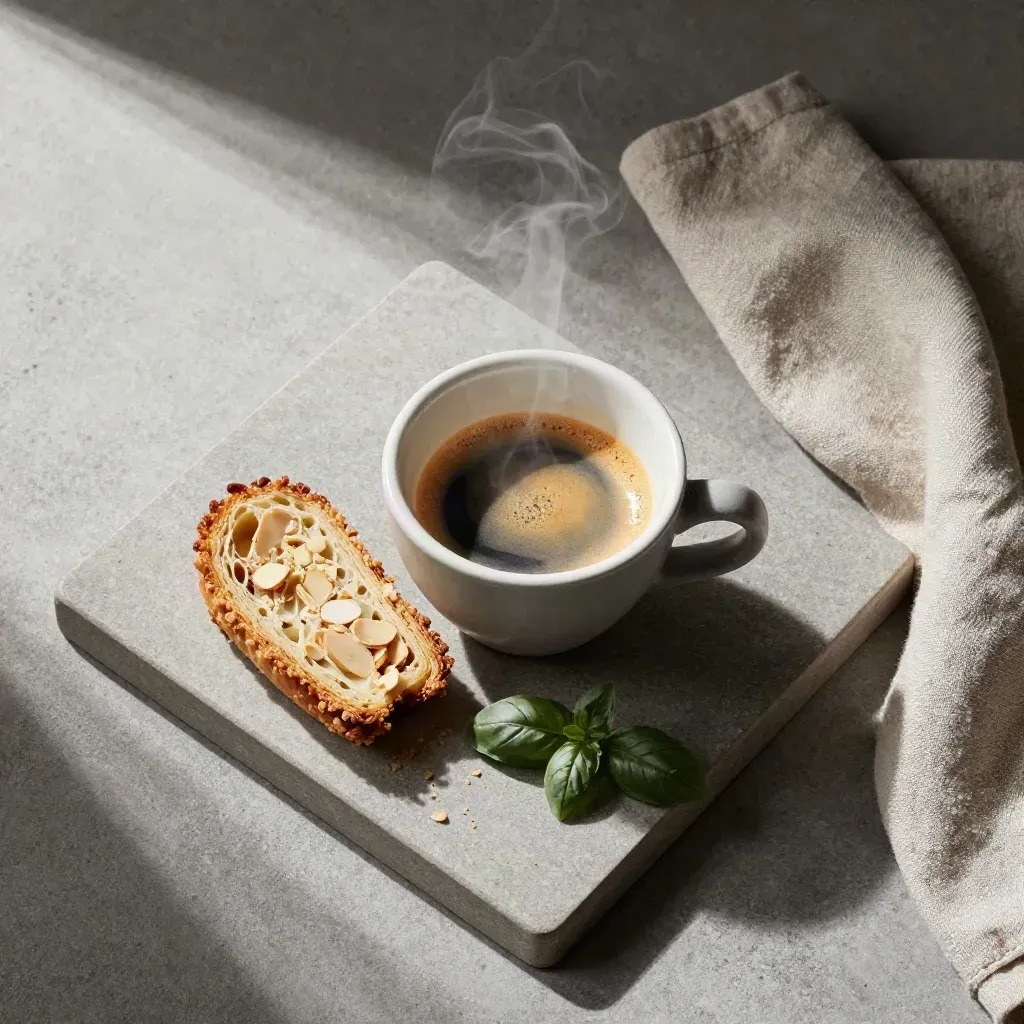 Cup of espresso with sliced pastry, linen cloth, and basil sprig on stone tray