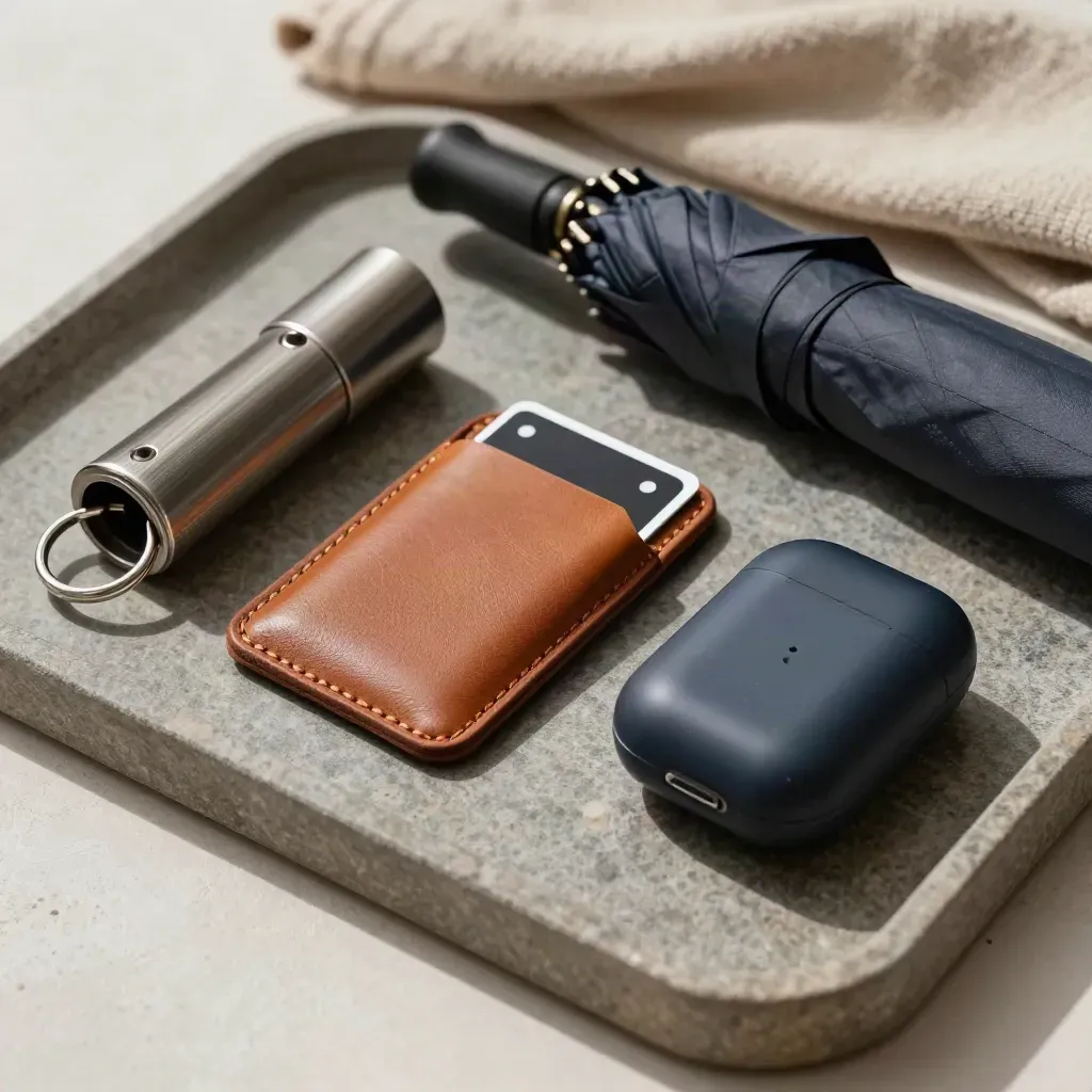 Transit card in leather holder with umbrella, key ring and earbud case on stone tray