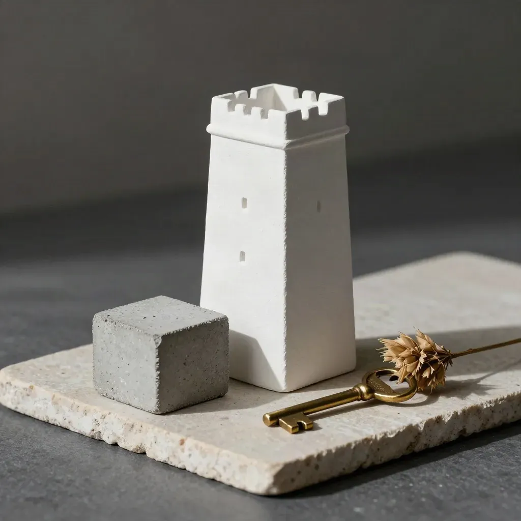Plaster tower model with concrete cube, brass key and dried stem on a stone slab.