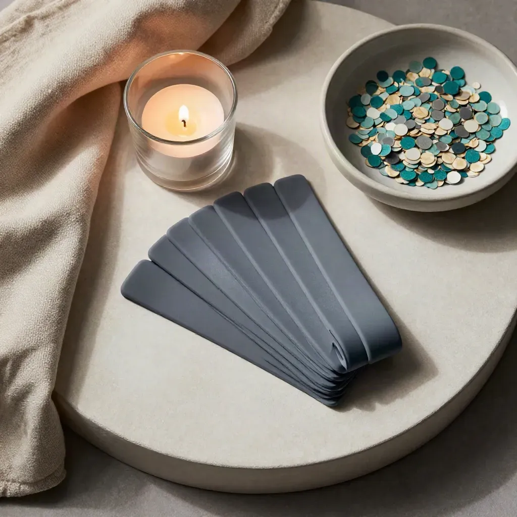 Overhead still life of blank event wristbands, tea light, linen, and confetti dish.