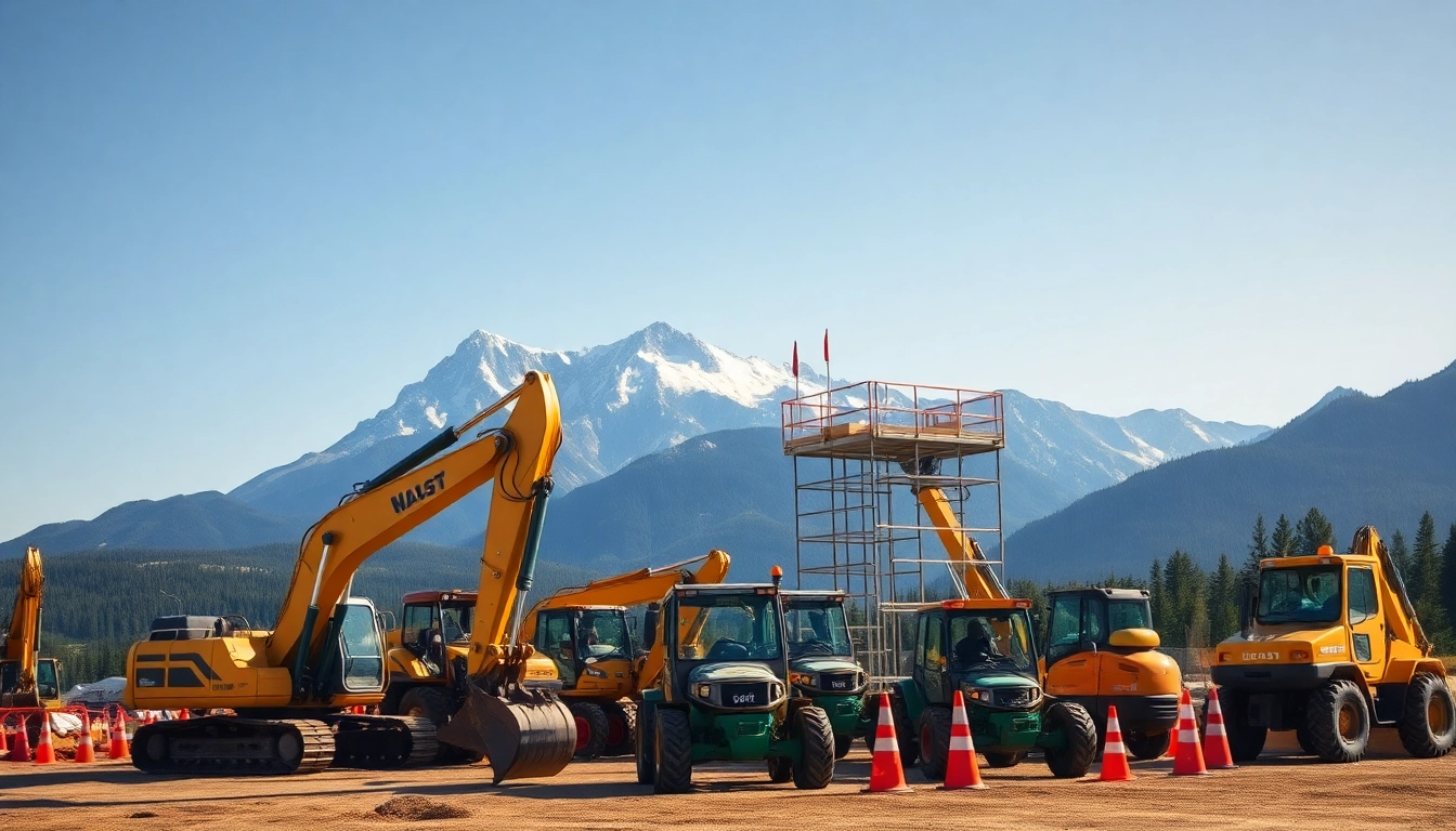 Kalispell equipment rental showcasing diverse machinery in a stunning mountain backdrop.
