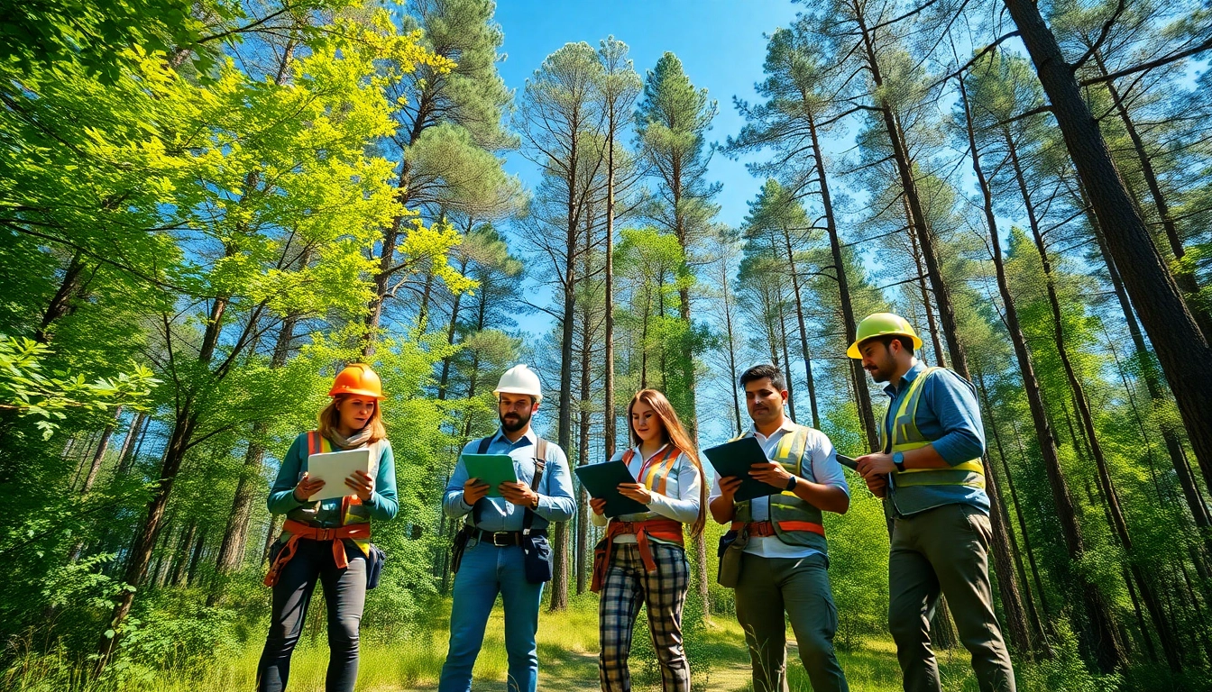Black Mountain Tree Consultancy team assessing tree diversity in a vibrant forest setting.