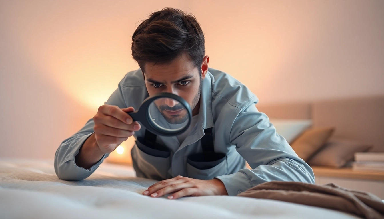 Bed bug exterminator inspecting for pests in a clean bedroom to ensure thorough extermination.