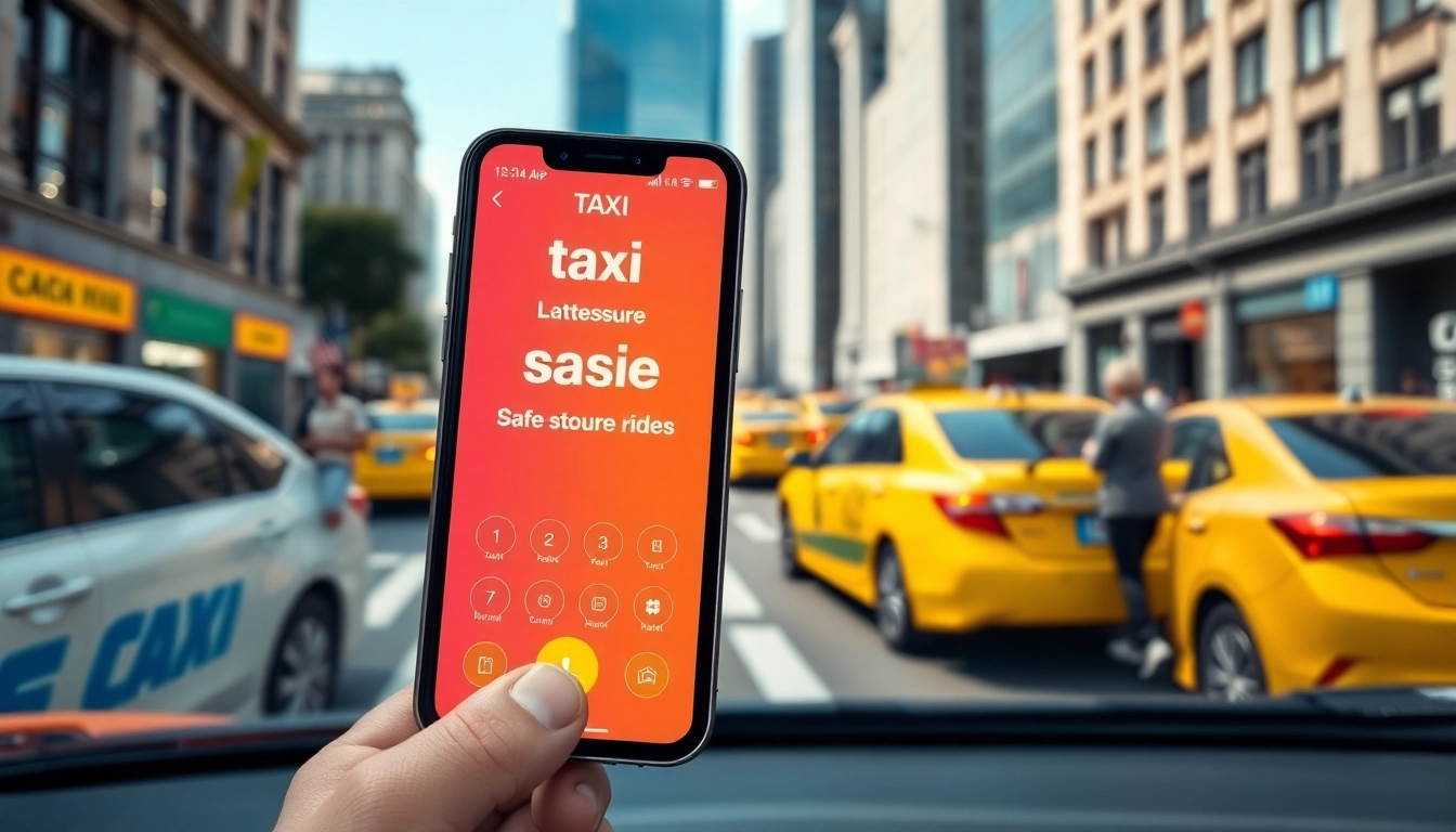 Showcasing a safe and secure taxi app on a smartphone amidst an urban backdrop, emphasizing trust.