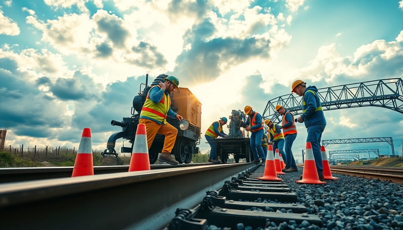 Emergency RailroadRepair team fixing tracks with safety gear in a dynamic industrial setting.