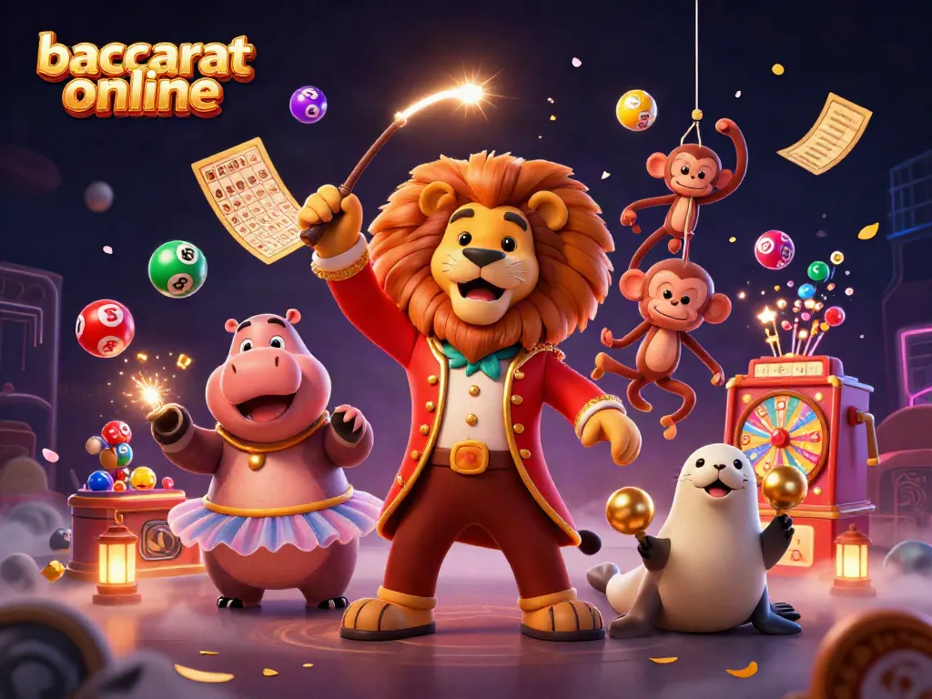 Engage with baccarat online in a vibrant, dynamic 3D scene featuring enchanting casino characters and elements.