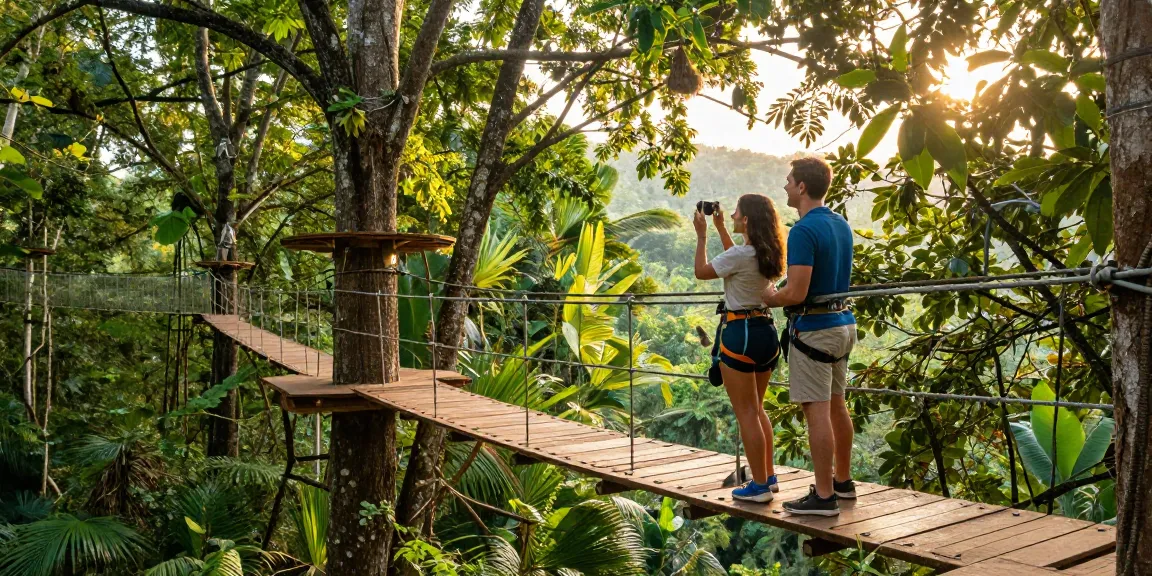 Treetop Walkway adventure with couple enjoying stunning views in lush forest canopy