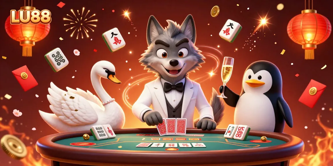 Experience LU88 excitement with a cartoon wolf, swan dealer, and penguin sommelier in a vibrant casino.