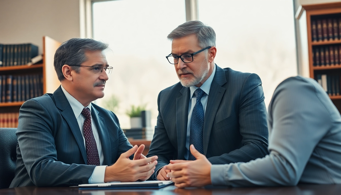 Engaging Sandusky Personal Injury Lawyer discussing case details with a client in a warm office.