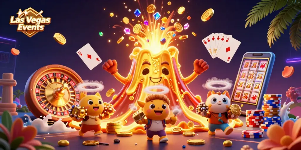 Experience thrilling Las Vegas Corporate Events with dynamic slot reels and vibrant casino elements.