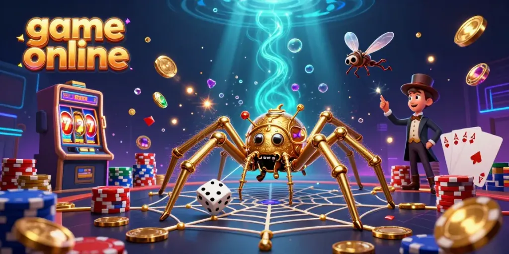 Engaging promotional illustration for game online featuring a steampunk spider and Victorian fly with dice.