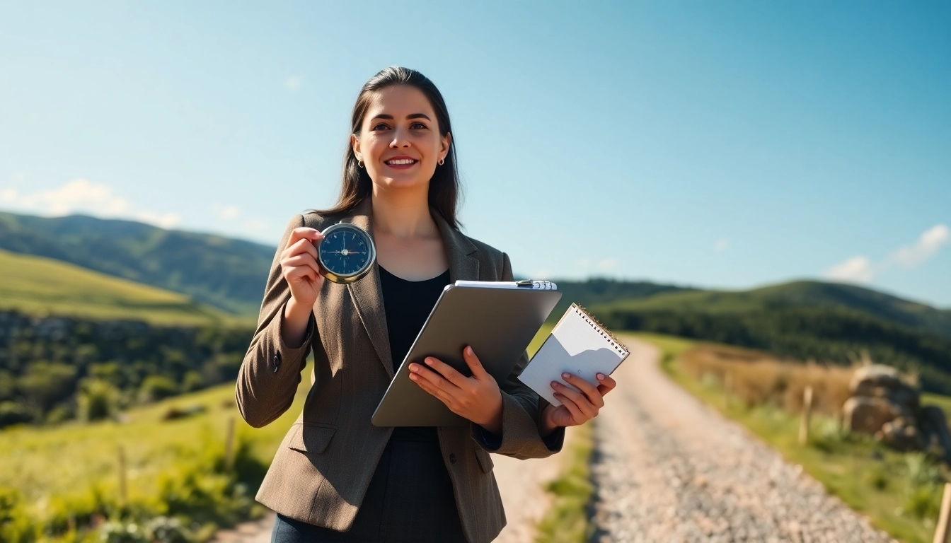 Explore the path to Find my true Calling with a woman at a crossroads and a compass.