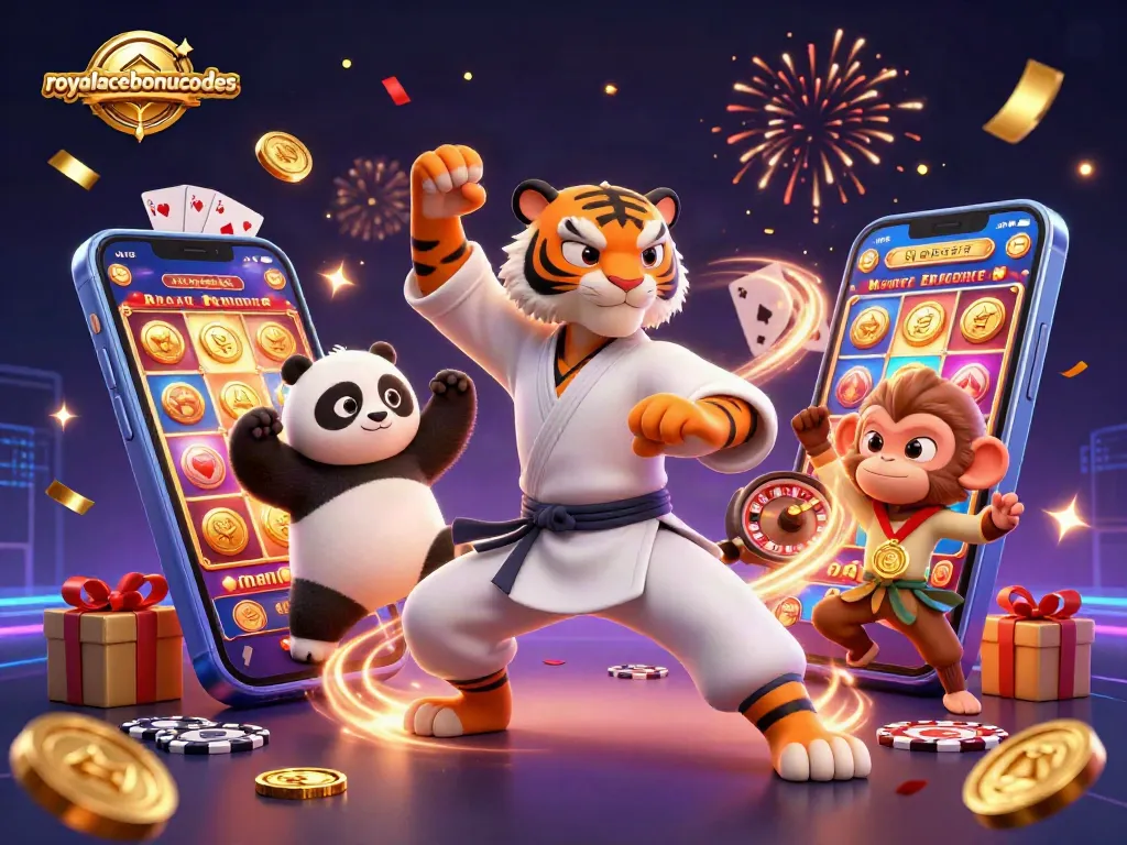 Engage with royalacebonuscodes as a kung fu tiger leads a dynamic casino-themed scene filled with excitement.