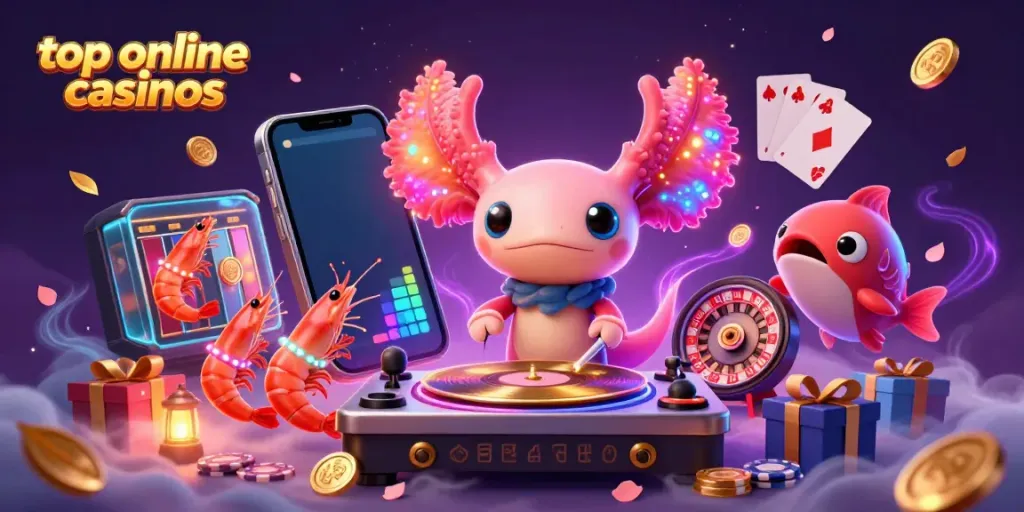 Experience the world of top online casinos with a neon axolotl DJ spinning colors and games.