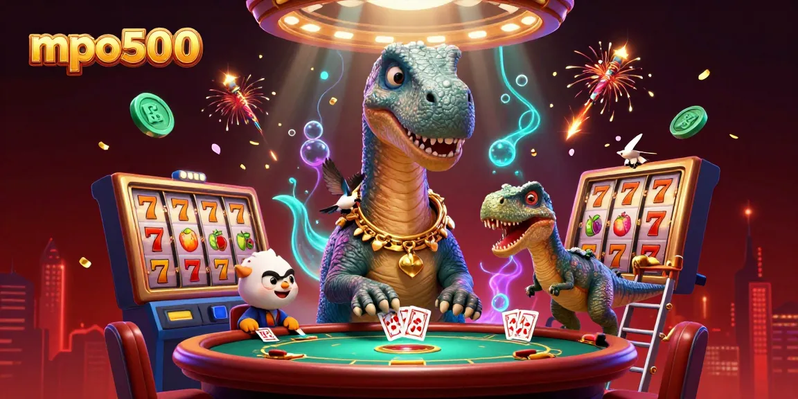 MPO500 showcases a vibrant 3D cartoon casino scene with exciting slot reels and dynamic brontosaurus.