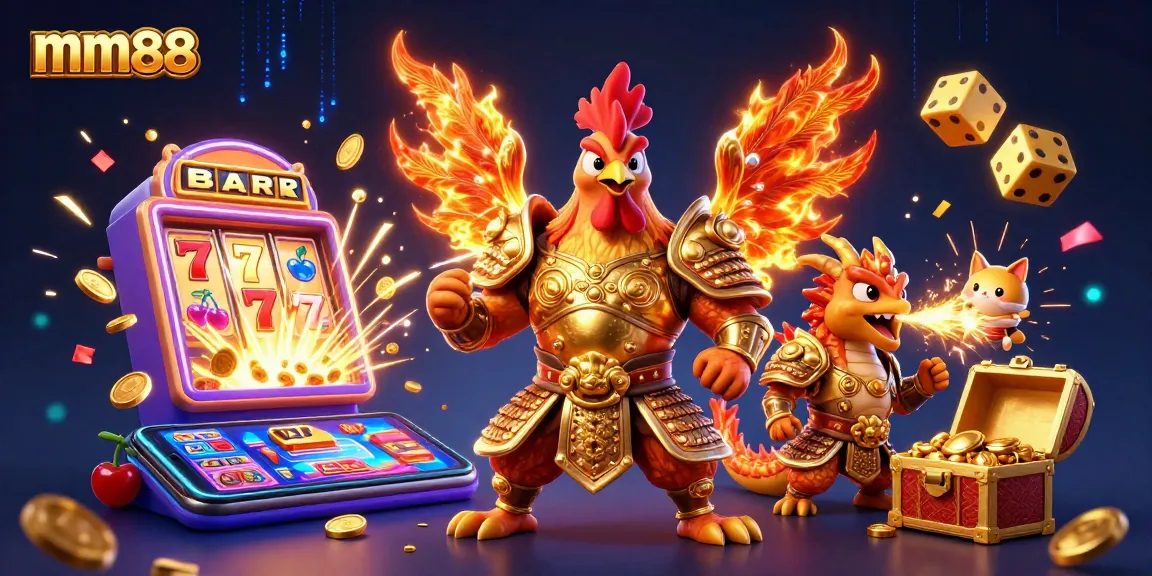 Experience thrilling gameplay at mm88 with an epic scene featuring a dragon, rooster warrior, and slot machine bursting with winnings.