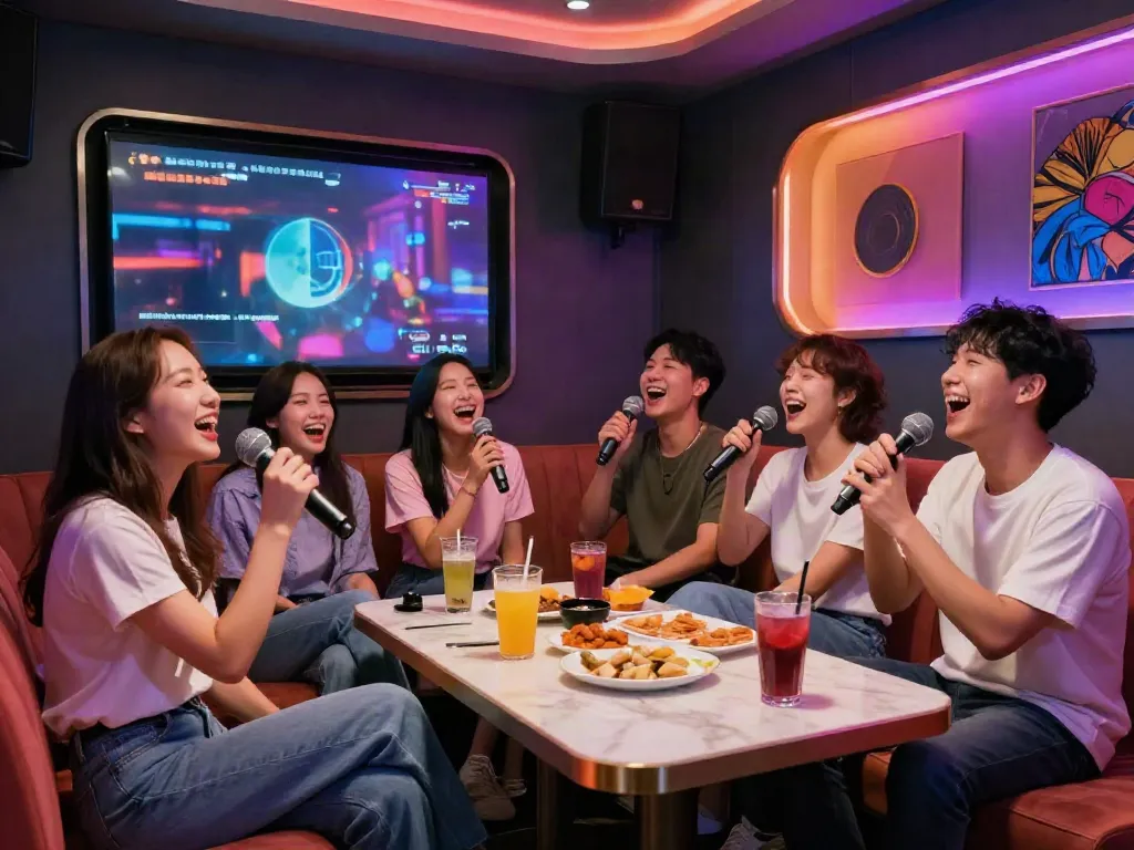 강남 달토에서 친구들과 함께 즐거운 노래를 부르는 장면
