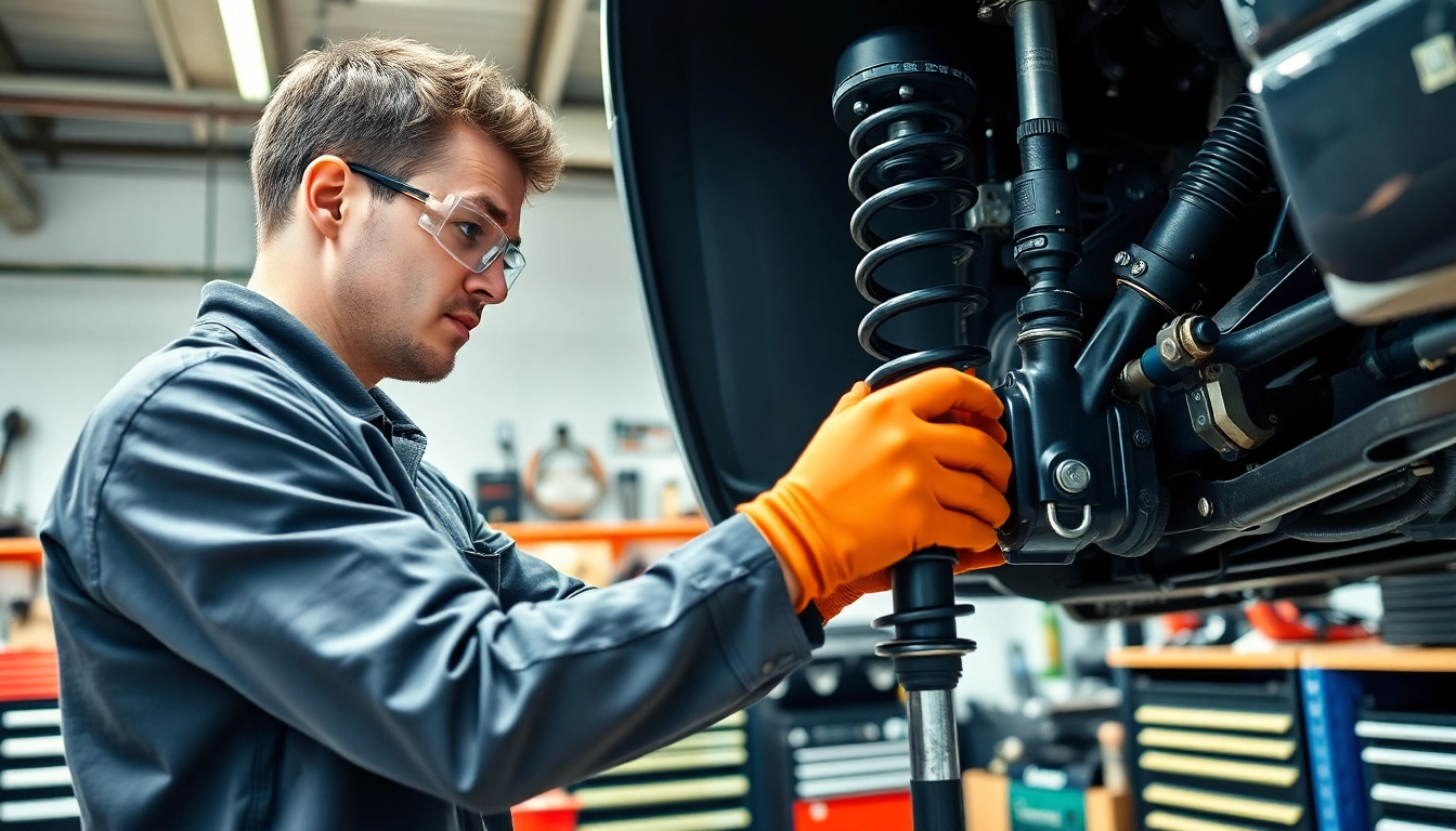 Mechanic demonstrating suspension and steering repair in a professional workshop environment.