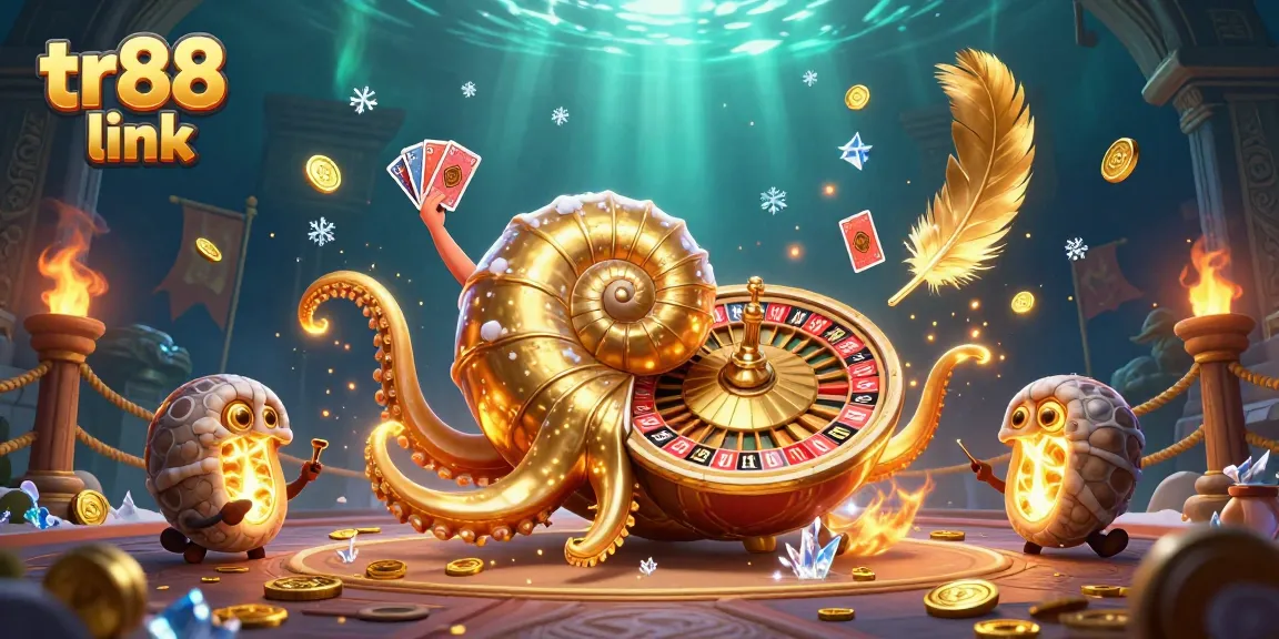 Win big at tr88 link, featuring a vibrant 3D illustration of a nautilus roulette wheel surrounded by glowing treasures and casino elements.