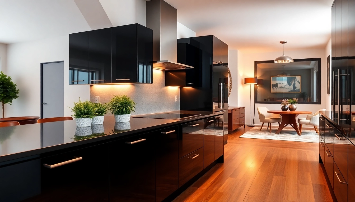 Explore modern black kitchen cabinets with smooth surfaces in a stylish kitchen setting.