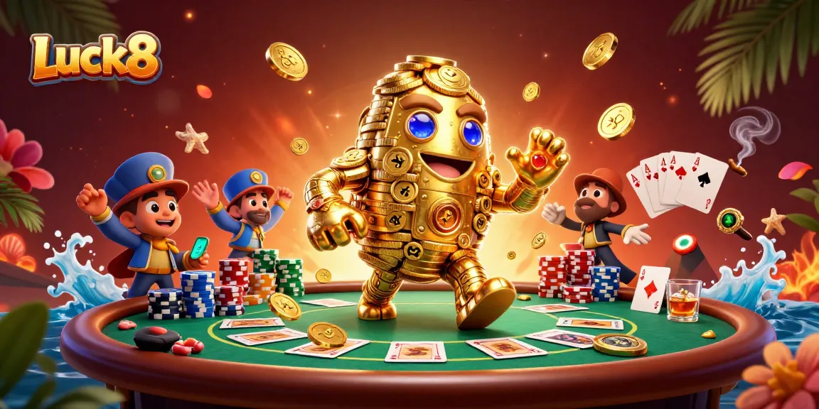 Luck8 offers thrilling poker action featuring a dynamic golden golem surrounded by poker elements.