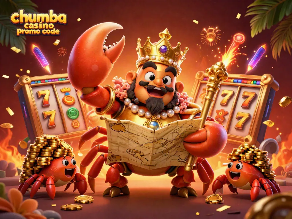 Experience the thrill with chumba casino promo code showcasing a golden crab emperor amid vibrant slot game elements.