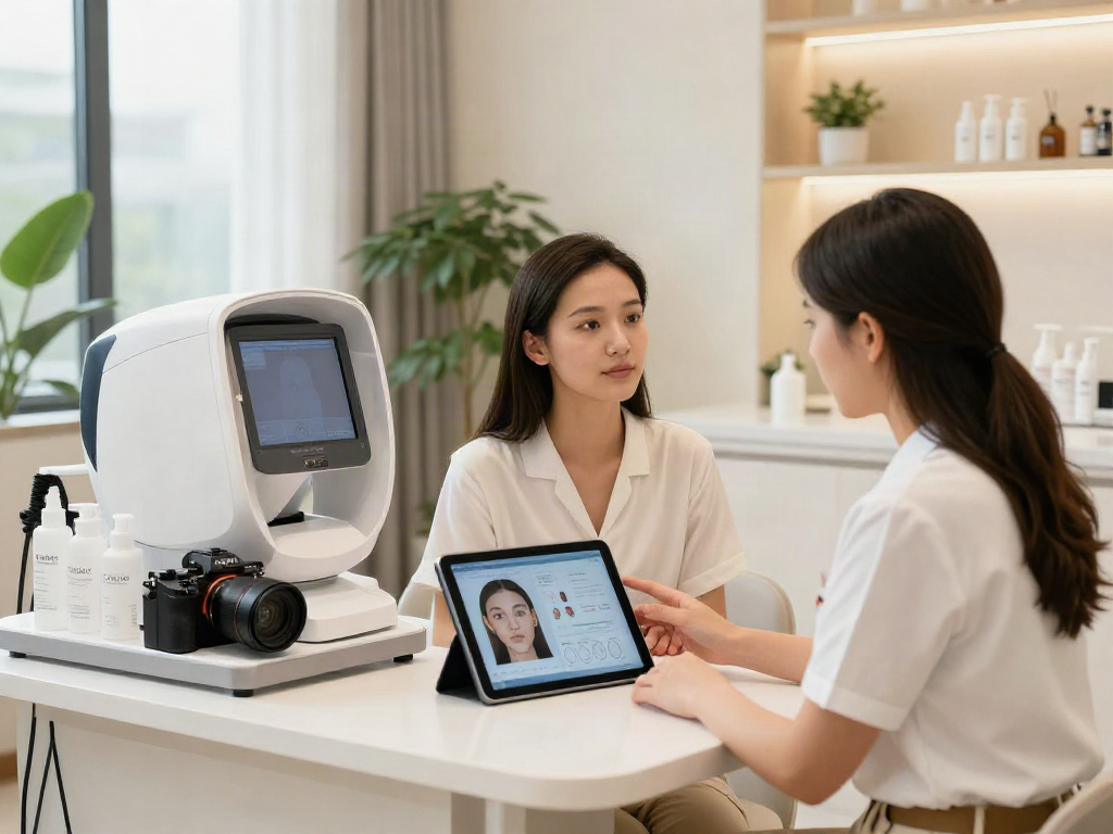 ClinicEvo better than QOVES: A beauty analysis session highlighting personalized facial metrics.