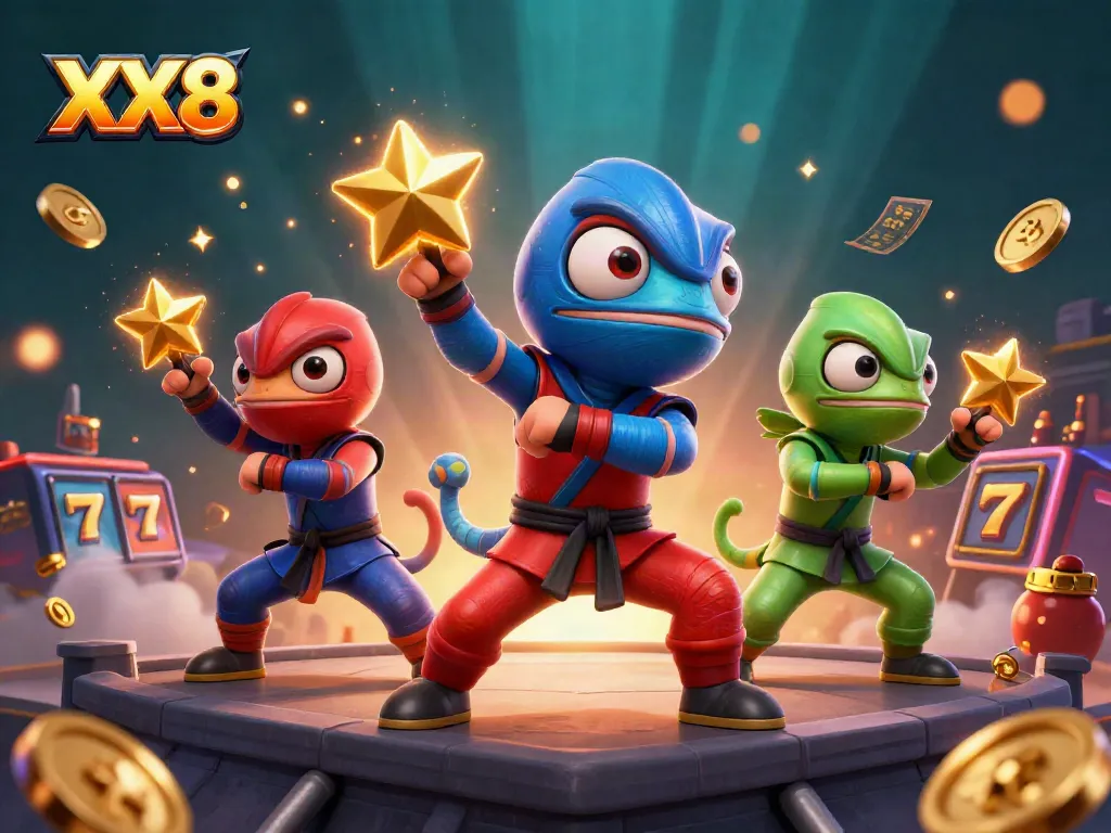 Engage in thrilling casino action with XX8, featuring chameleon ninjas and vibrant slot elements.