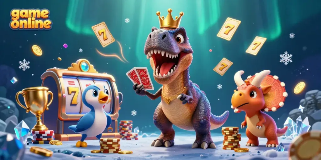 Engage in thrilling game online activities with a cartoon T-Rex dealing cards and friends stacking chips in a vibrant casino scene.