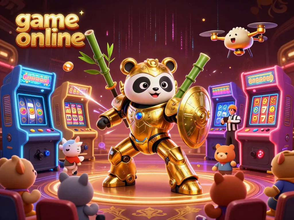 Engaging gameplay in game online with a mech-suit golden panda battling in a vibrant casino-themed setting.