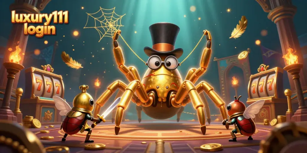 Experience an engaging luxury111 login adventure with a golden tarantula and knight in a casino setting.