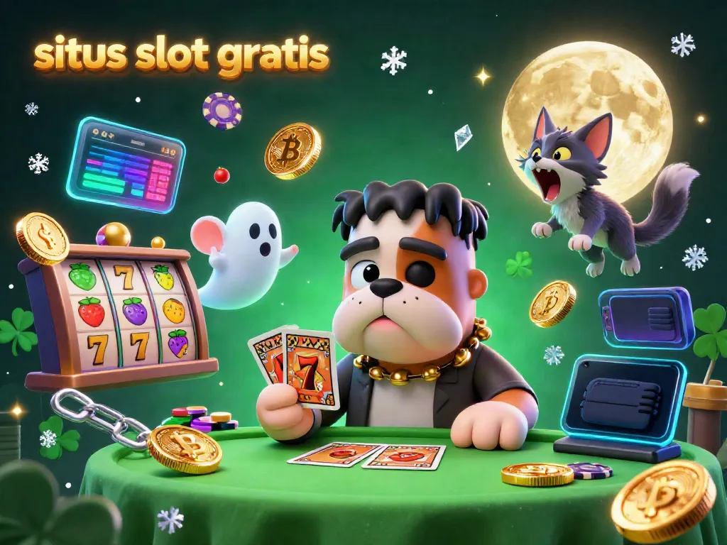 Situs slot gratis brings the excitement of slot games with Frankenstein bulldog, ghost mouse, and werewolf kitten in a colorful illustration.