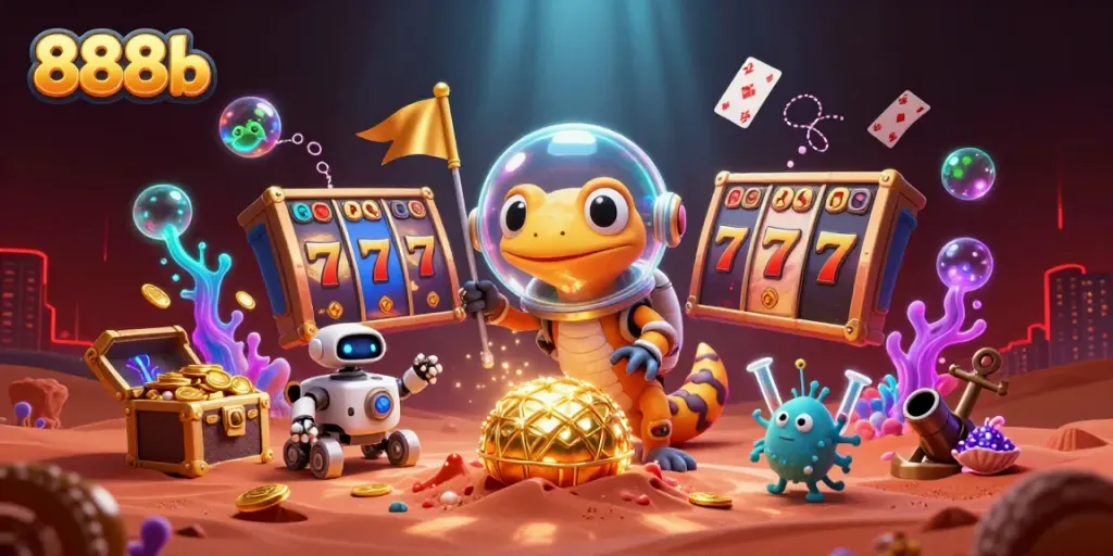 Experience the excitement of 888b with vibrant slots and a Martian gecko discovering buried treasures.