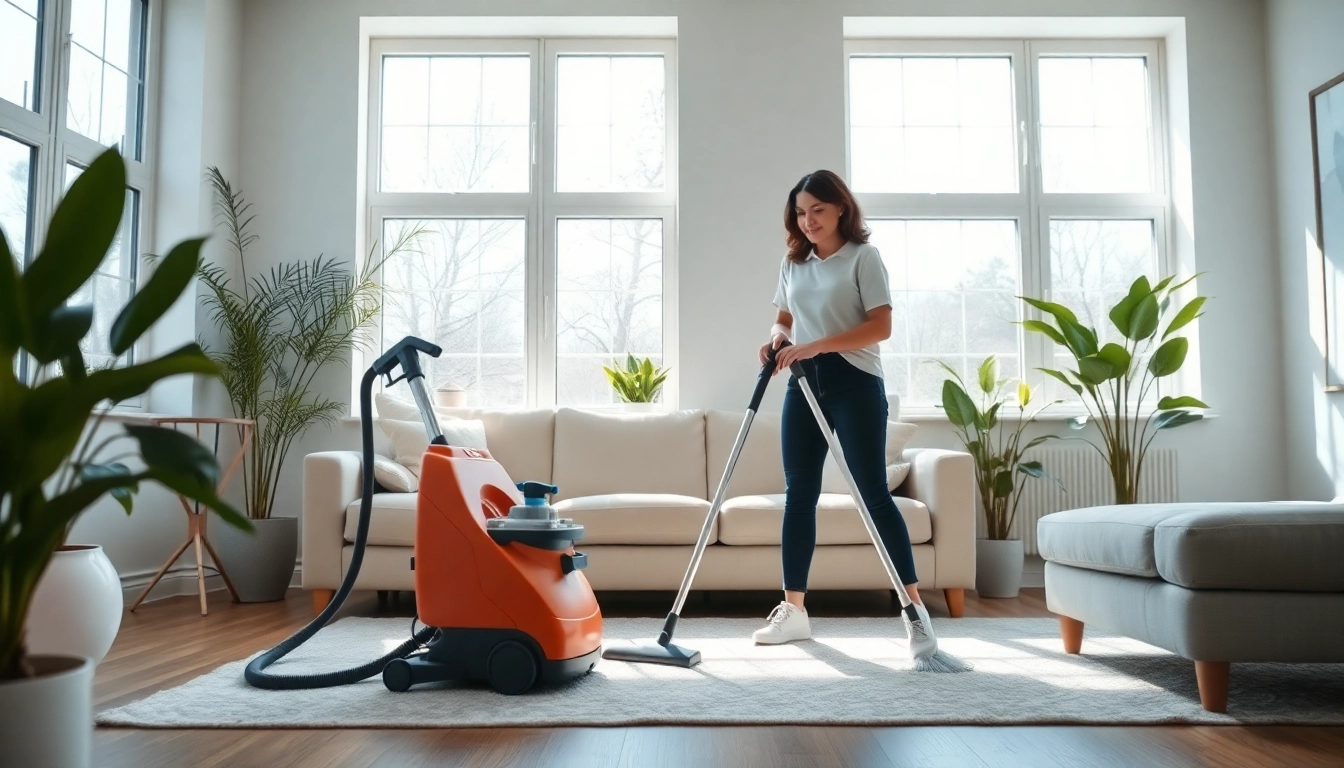 Performing bond cleaning in a fresh, sunlit living room to ensure quality cleaning results.