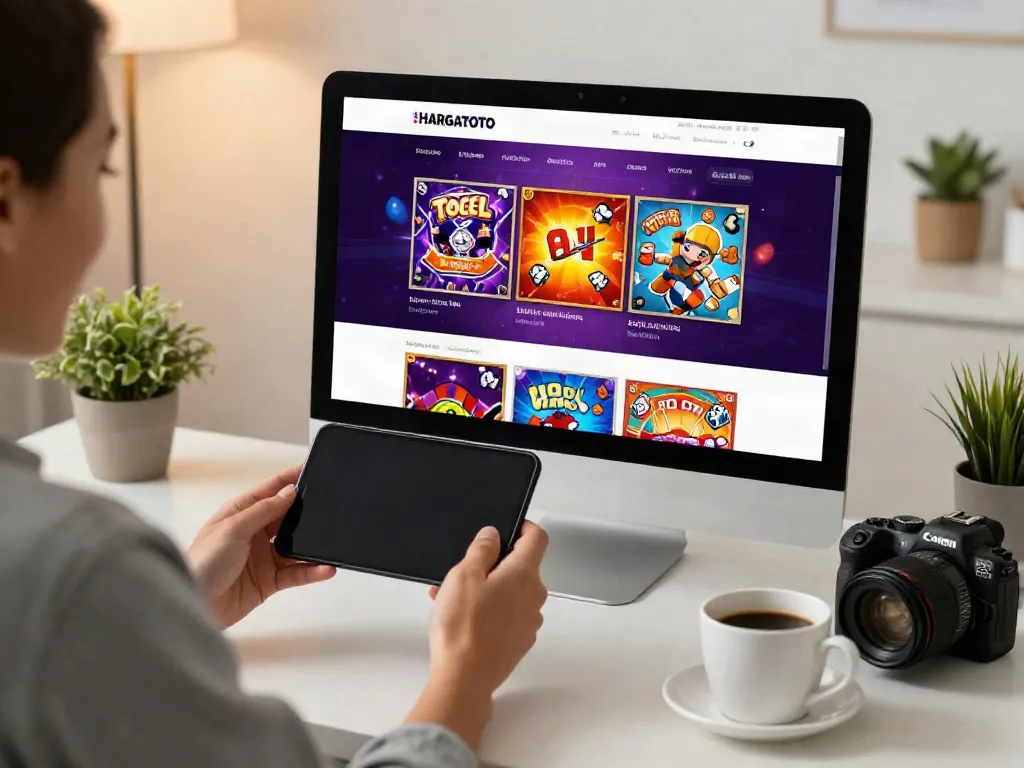 HARGATOTO online gambling interface on a laptop with user engaging in a cozy home office.