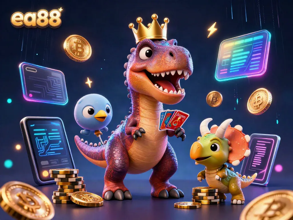 ea88 playful scene with T-Rex and pterodactyl shuffling cards while a triceratops stacks chips