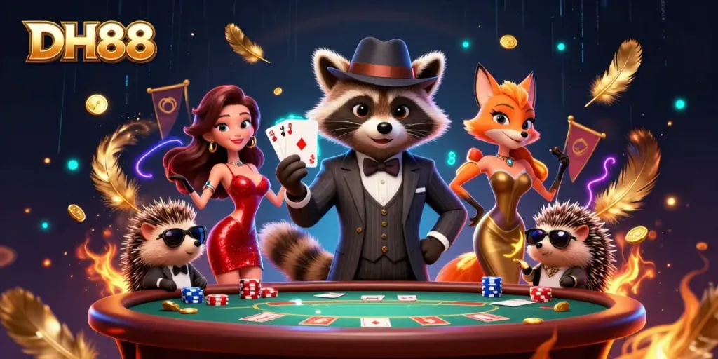 Join the excitement at DH88 with a raccoon winning a royal flush at the poker table.