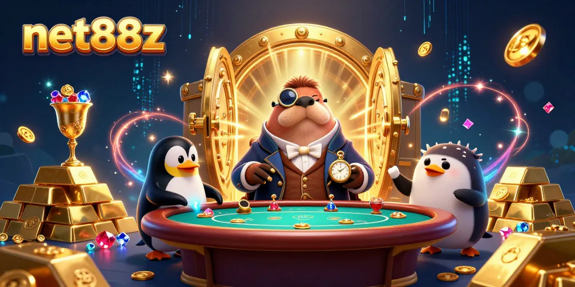 net88z showcases a whimsical poker scene with a walrus and friends at an underwater casino table.