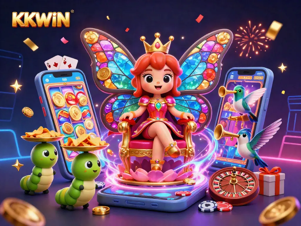 Spin the reels of KKWIN with the butterfly queen and a vibrant casino scene alive with excitement.