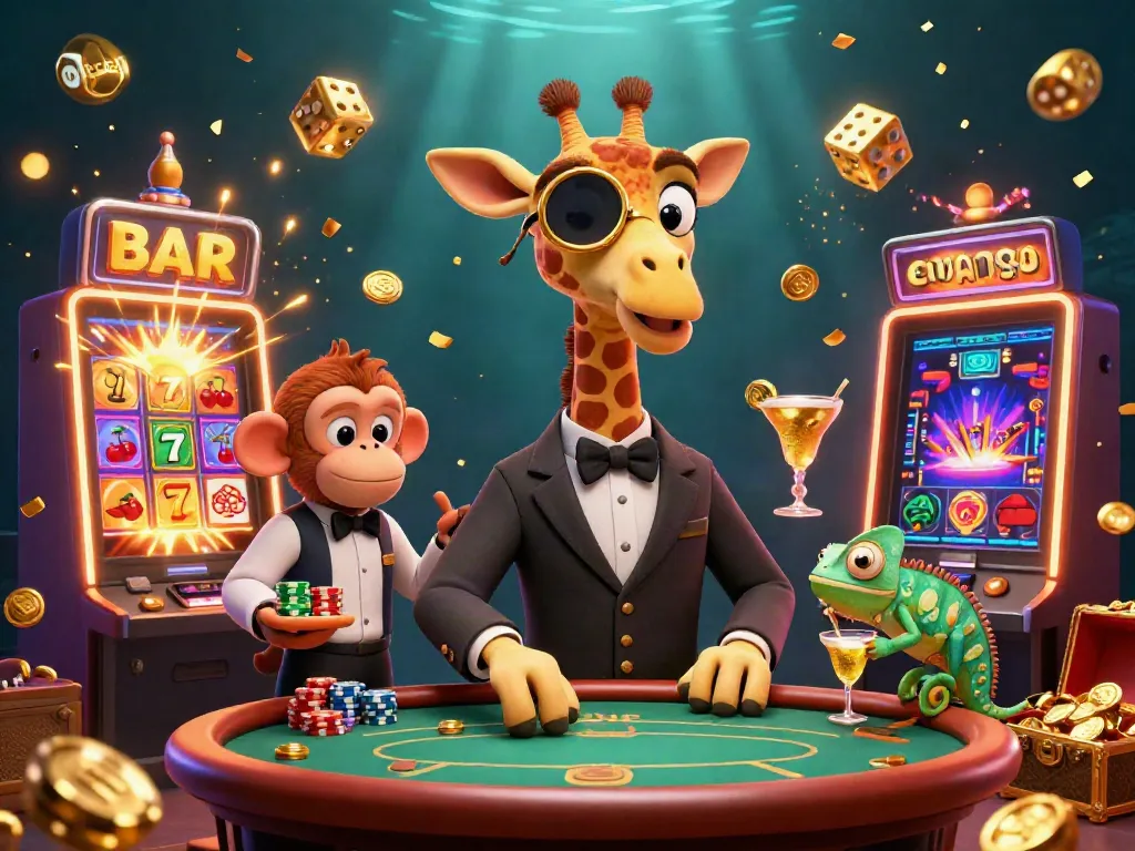 Experience exciting gaming with cuan88 featuring a high-roller giraffe, monkey valet, and chameleon bartender in a vibrant casino atmosphere.