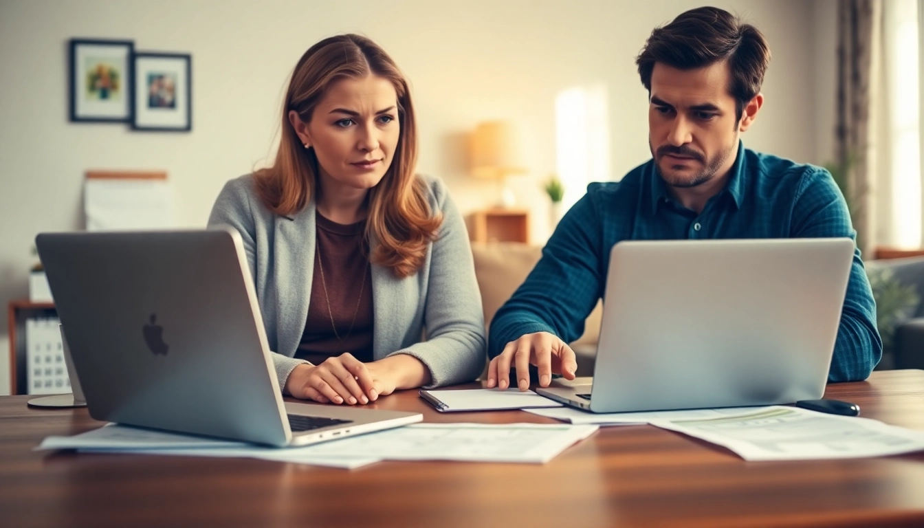 Engaged couple using NY spousal maintenance calculators in a cozy home office setting.