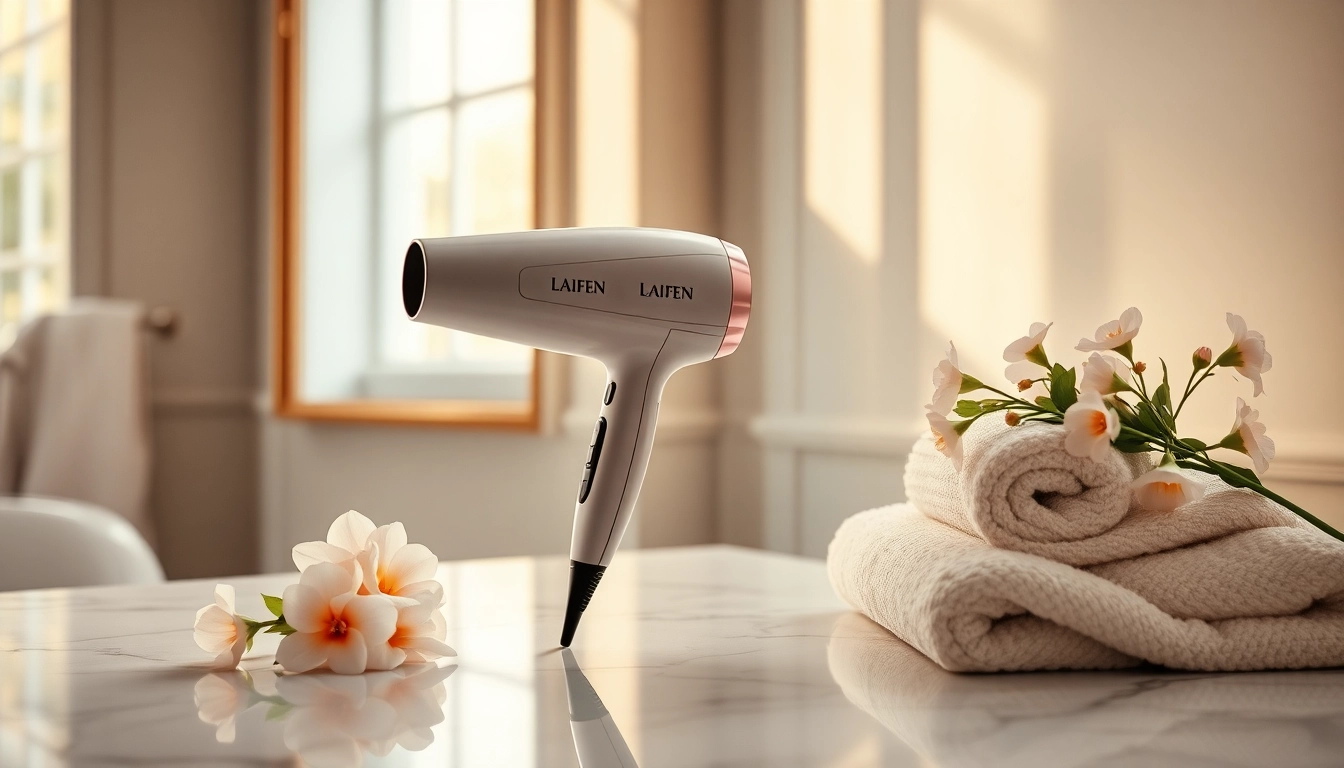 Laifen hair dryer elegantly displayed in a luxurious bathroom, emphasizing its modern design and functionality.