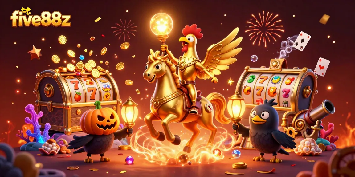 Experience the thrill at five88z with a golden rooster and friends in an enchanting casino scene.