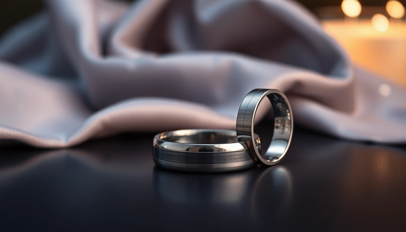 Explore the elegance of Gaboni Jewelers' tungsten wedding bands displayed artfully in ambient lighting.