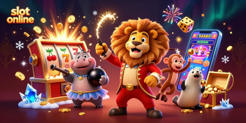 Slot online dengan karakter lucu, mesin slot, dan koin emas meledak!