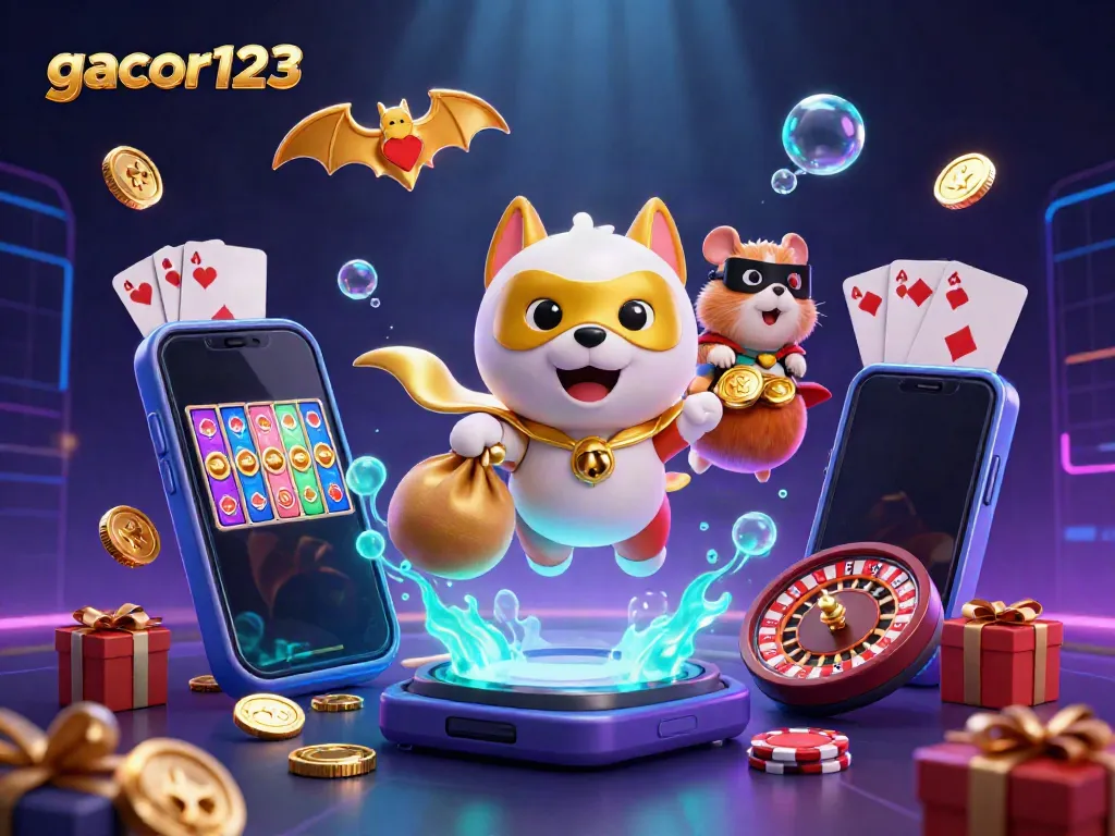 Experience thrilling jackpots with gacor123: A vibrant 3D scene showcasing a superhero dog and sidekick amidst exciting casino elements.