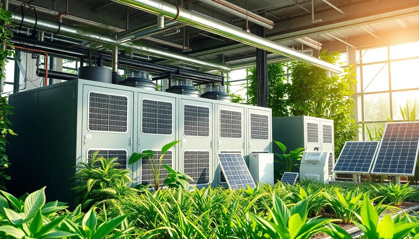 Enhancing Green Cooling systems in a sustainable environment with modern technology and lush greenery.